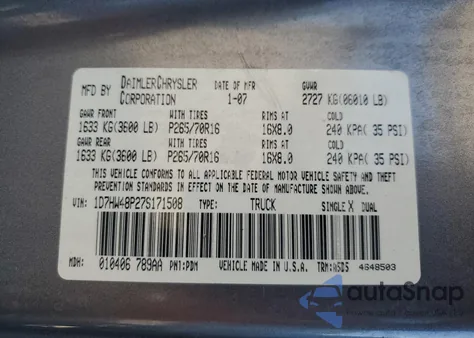 2007 Dodge Dakota Quad Slt z USA, uszkodzony, nr VIN 1D7HW48P27S171508